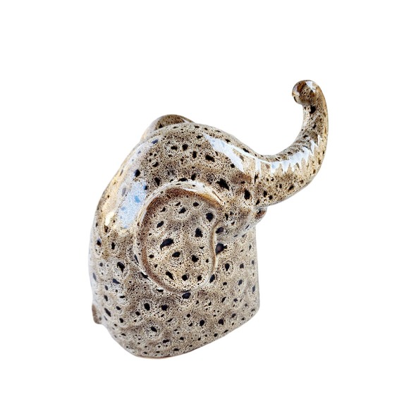 Mid-Century Modern BeigeLeopard Print Ceramic Elephant Sculpture Figurine - Picture 2 of 7